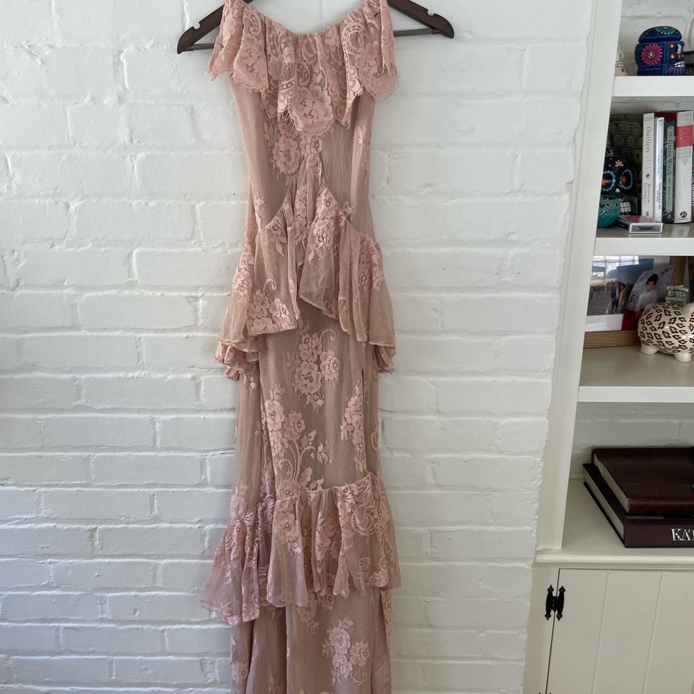 Michael Costello Dusty Rose Lace Ruffle Maxi Dress